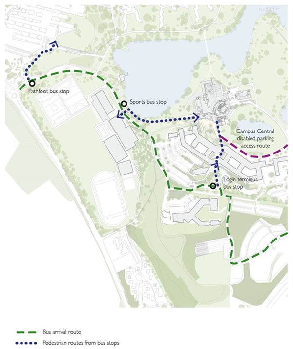 Map of bus arrival routes, and pedestrian routes from bus stops