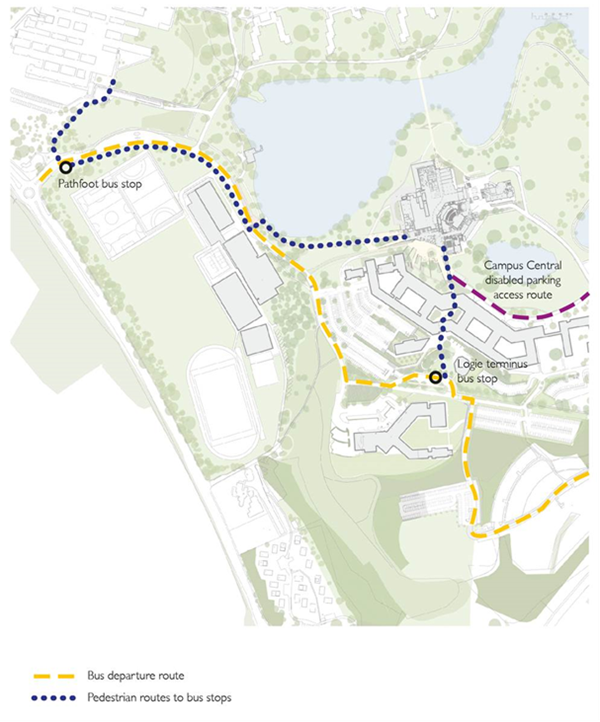 Map of bus departure routes, and pedestrian routes from bus stops