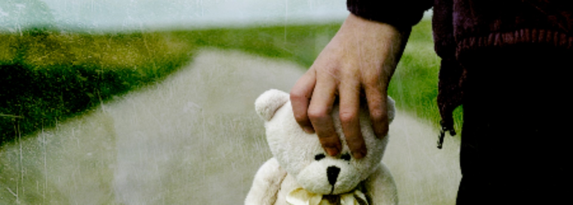 Child's hand holding a white teddy bear