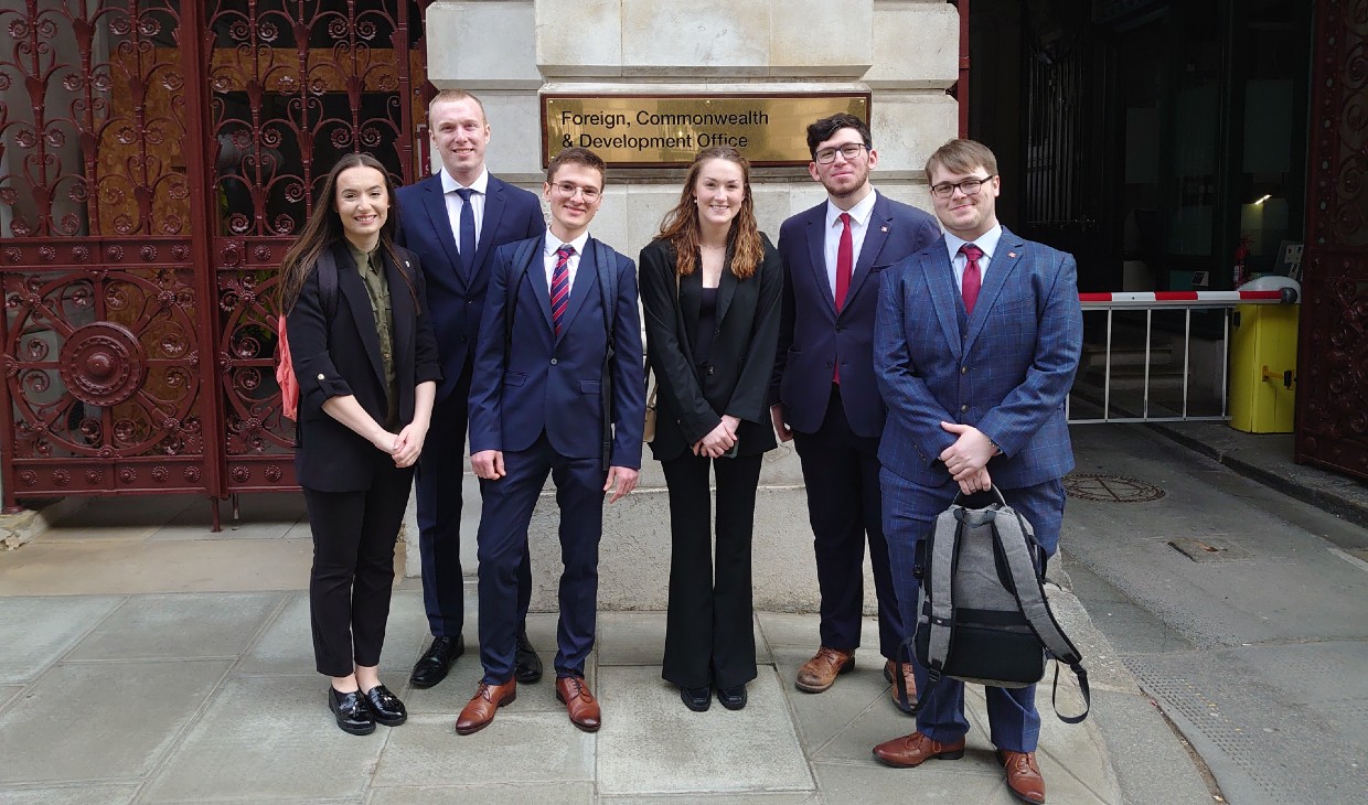 The six students who attended Model NATO pictured outside the Foreign Office in London