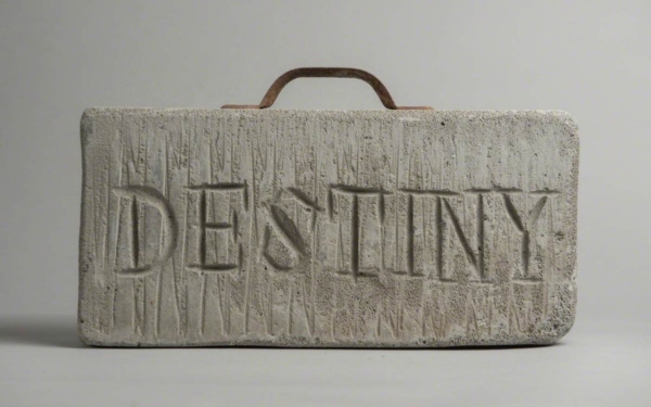 Stone of Destiny created by the artist George Wyllie. It is a portable, concrete breeze-block stone, featuring an aluminium handle and the word ‘Destiny’ on one side
