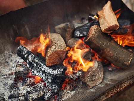 Wood logs and charcoal fire