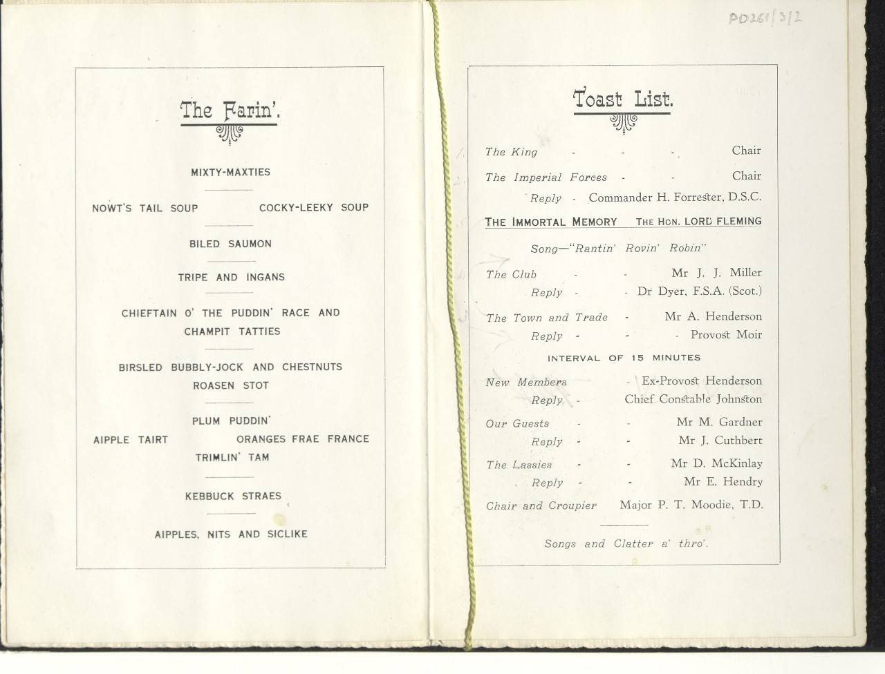 Alloa Burns Club's Burns Supper 1927 menu