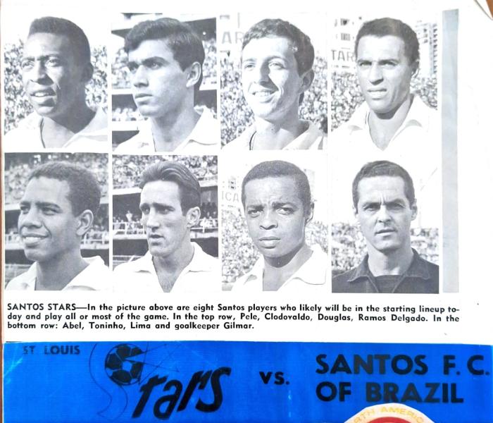 Black and white photo of Santos team line up featuring 8 players including Pele and Abel from a football programme