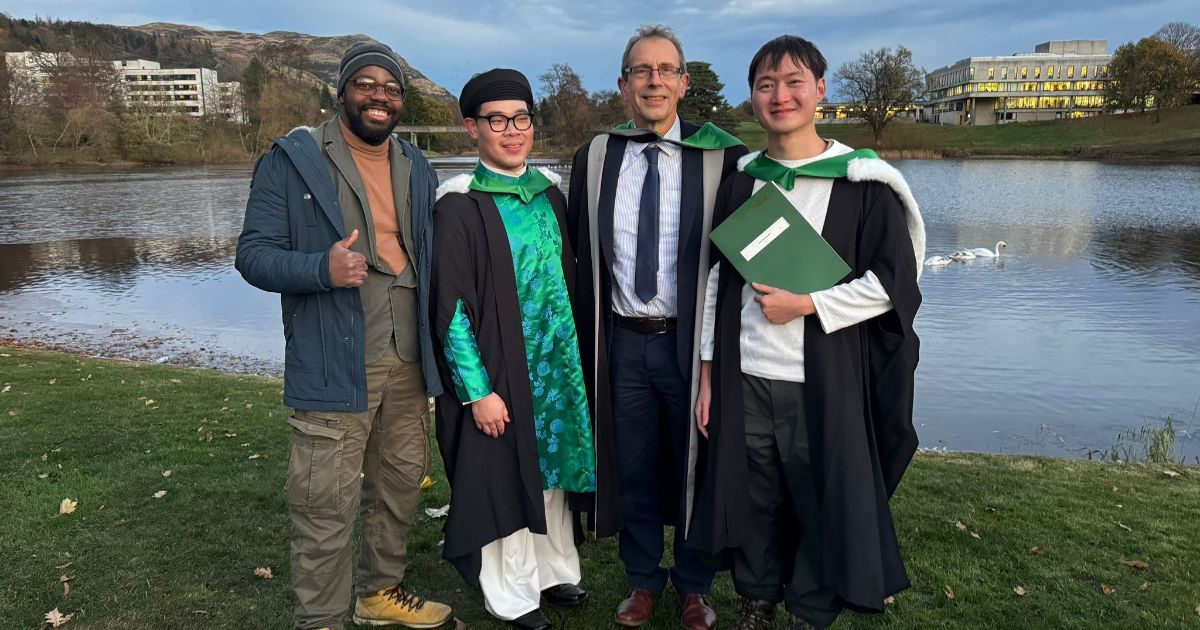 Graduation for the two MSc students supported through the Improving Farmed Fish Welfare in Asia project. Left to right: Dr Simão Zacarias, Nghĩa Phan (Vietnam), Professor Dave Little and Arnan Hirunratanakorn (Thailand)